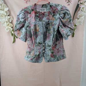 Nah Nah Collection Floral Puff-Sleeve Blazer in Light Blue